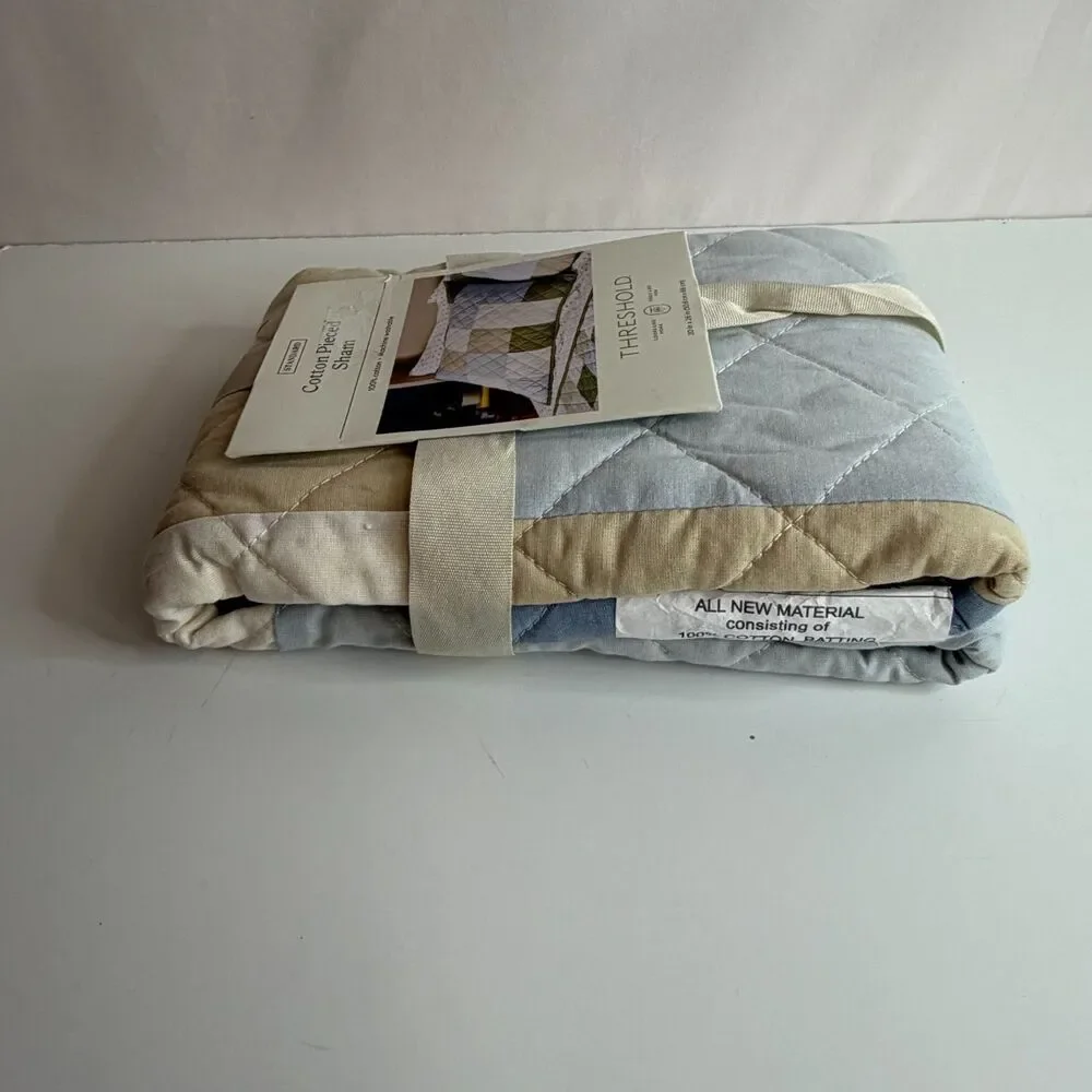 Threshold Cotton Pieced Standard Pillow Sham 20x26 NWT Blue Cream Beige
